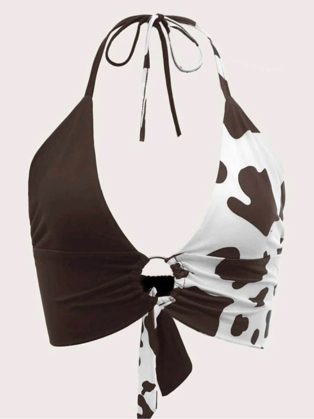 SHEIN Cow Print O-Ring Ruched Tie Backless Crop Halter Top